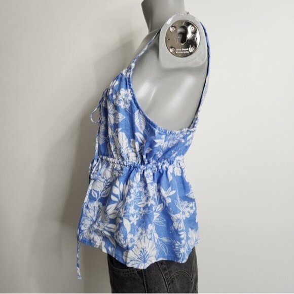 C&C California Flower Print Blue Linen Peplum Waist Tank Top Size XL NWOT - Picture 5 of 12